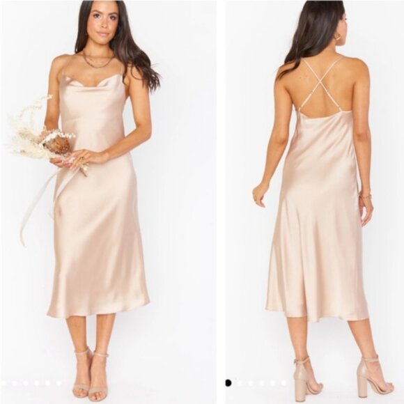 Show me Your MuMu Veron Cowl Dress Satin Champagne Midi Dress NWT - Picture 1 of 7